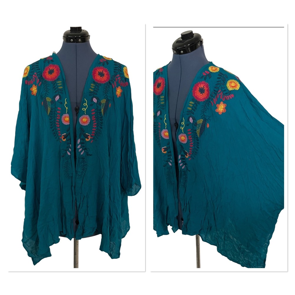 Umgee USA Teal Floral Embroidered Gauze Kimono Cover Up Wrap Boho Festival S/M